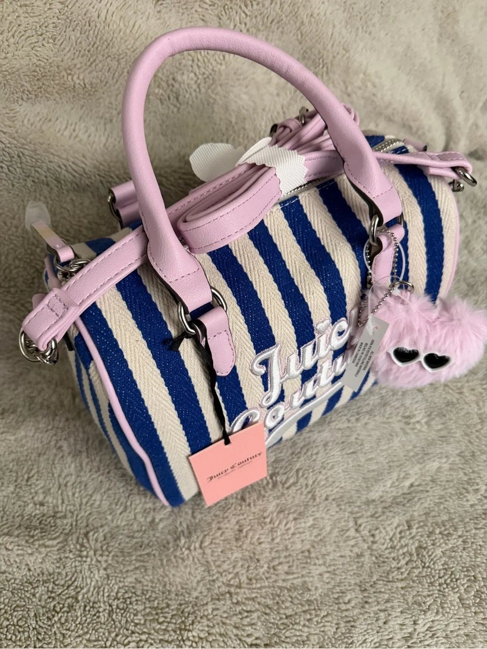Juicy Couture Blue & Pink Striped Satchel with Pink Fur Pom